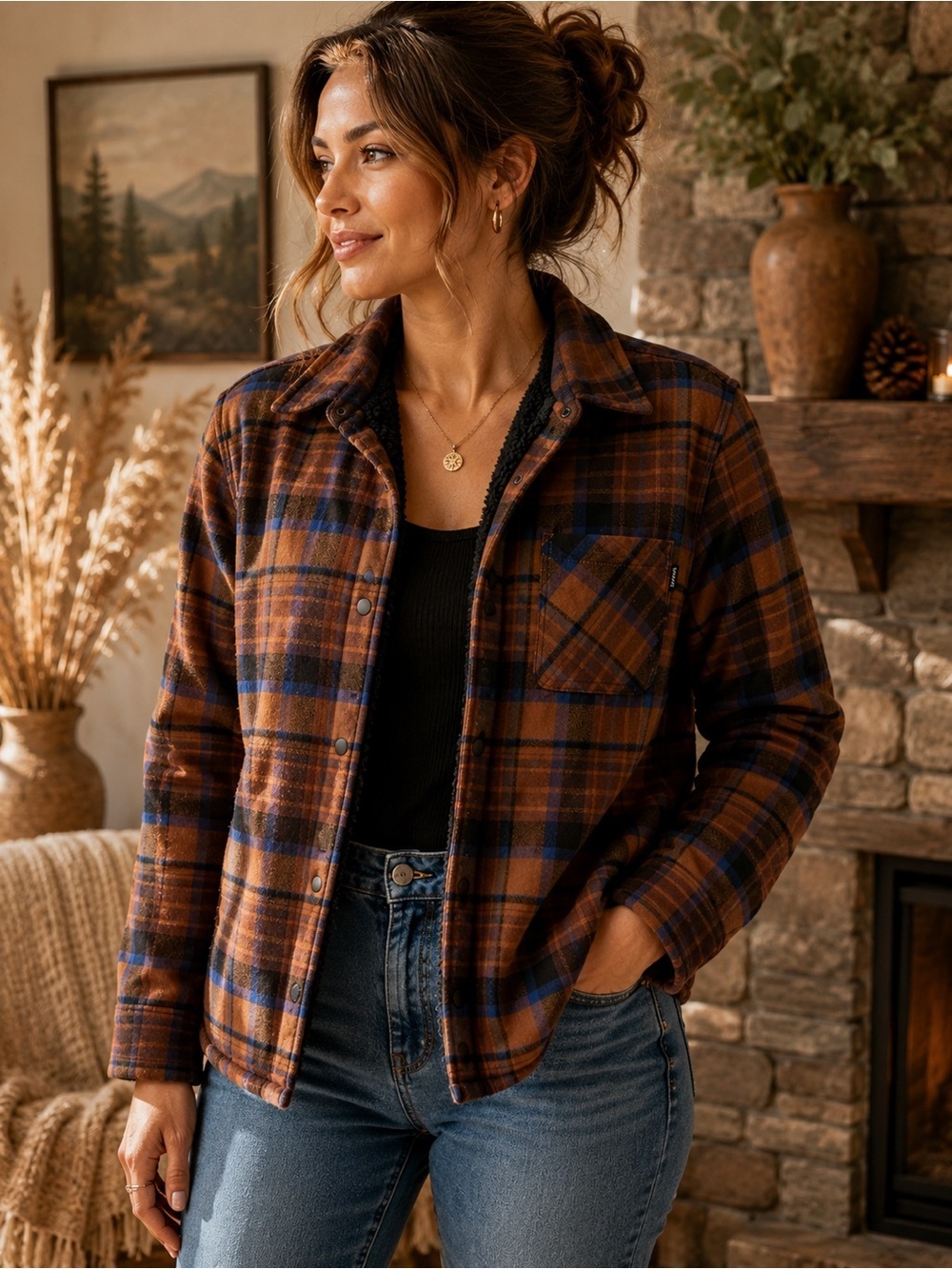 Hurley Sherpa Lined Plaid Shacket Jacket M Brown Blue